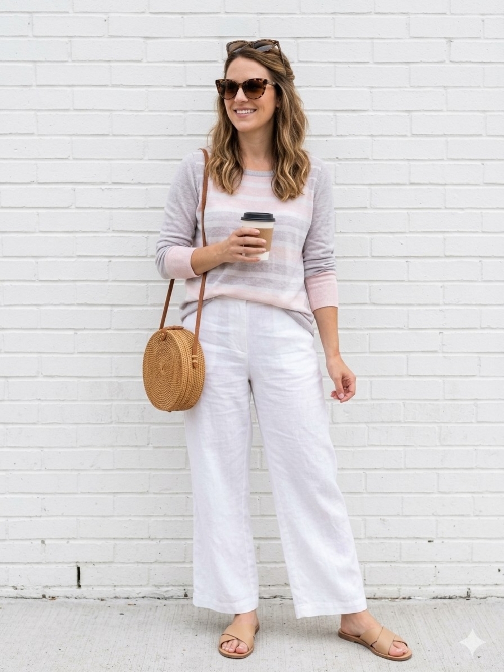 Preppy Casual Scoopneck Sweater in Soft Pink and Light Brown